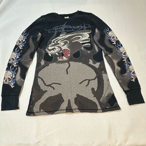 Vintage Ed Hardy Christian Audigier Thermal Long Sleeve Panther Skull Graphic S